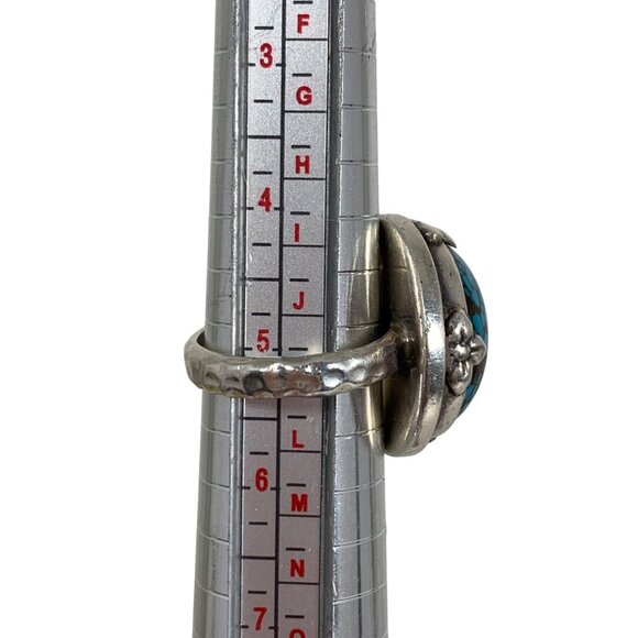 LORI BONN Sterling Silver Floral Framed Turquoise Ring SZ 5.25 Hammered Band - Picture 8 of 9